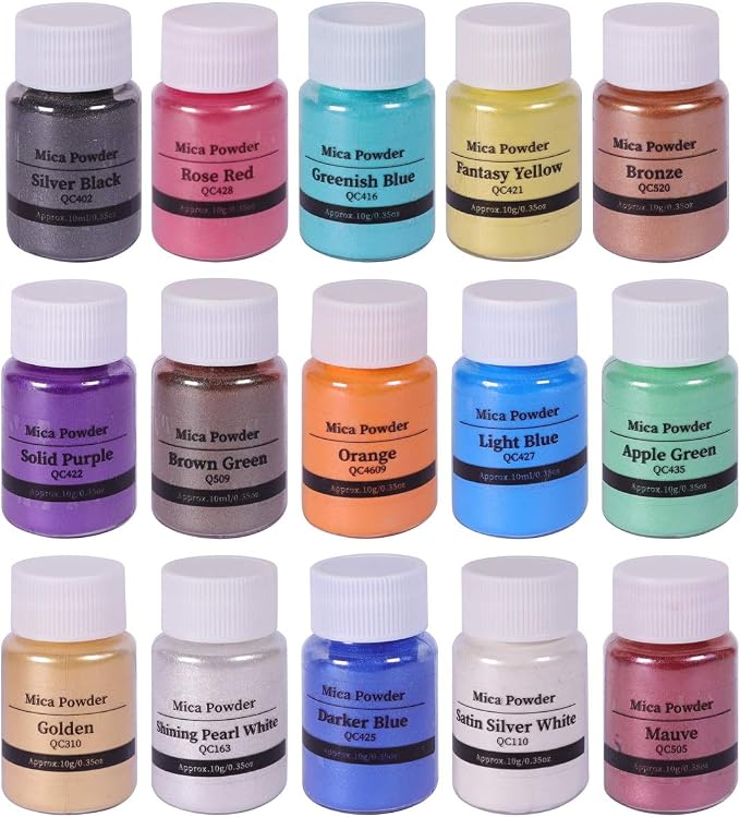 SEISSO 15 Bottles Mica Powder Set, Epoxy Resin Dye, Pearlescent Color Pigment, Cosmetic Grade Pigment for DIY Arts, Slime, Bath Bombs, Nail Polish, Candle Making, Soap Making, Coloring Mix