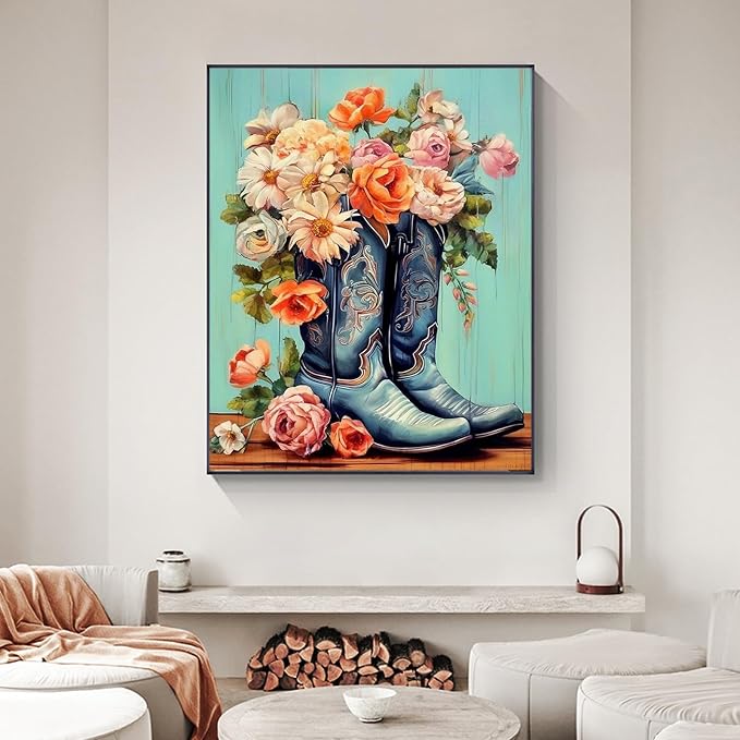 Cowboy Boots Paint by Numbers Kit for Adults Without Frame 16x20 IN | Rustic Farmhouse Paint by Numbers for Adults Beginner, DIY Acrylic Painting, Stress Relief Craft Kits, Home Wall Decor Gift