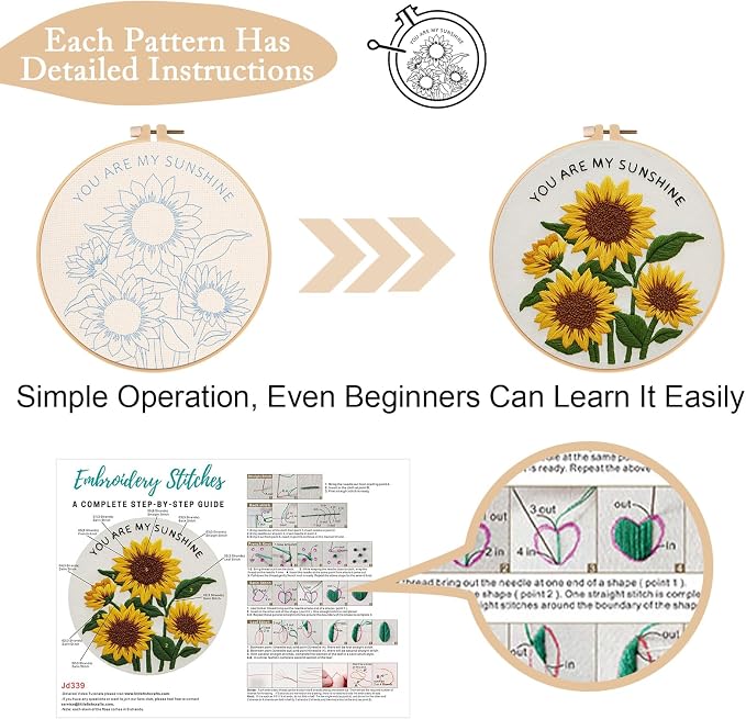 Nuberlic 3 Pack Embroidery Kit for Beginners with Sunflower Pattern
