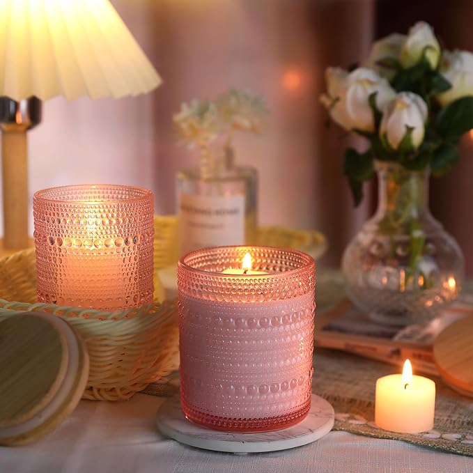 DARJEN 12 Pcs 10 oz Glass Candle Jars with Lids, Candle Container Tins-Pink | Thick Wall Ribbed Glass, Airtight Wood Lids- The go to candle jar for DIY, thoughtful gifters, growing candle brands