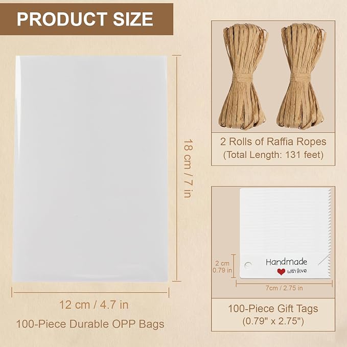 100 Pcs 4.7x7" Plastic Cellophane Bags with 131ft Raffia Ties & 100 Pcs "Handmade with Love" Tags, Clear Goodie Treat Wrappers for Wrapping Homemade Soap Craft Gift Wedding Cookies Candy Snack Party Bakery Favors Christmas (White Tags)