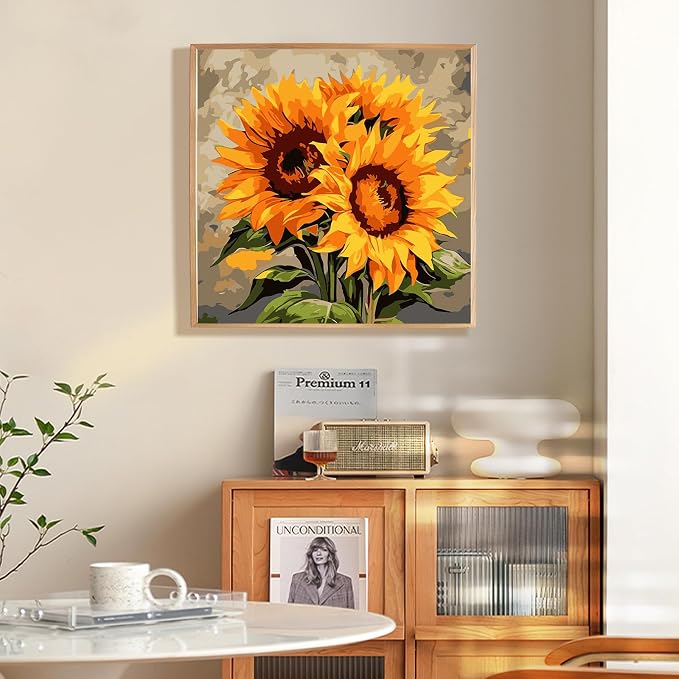 Fountor Framed Paint by Numbers Kit for Adults Beginner & Kids Ages 8-12, Sunflower Paint by Number with Frame, Easy Acrylic Watercolor Sunflower Painting by Numbers Kit on Canvas 10x10 inch