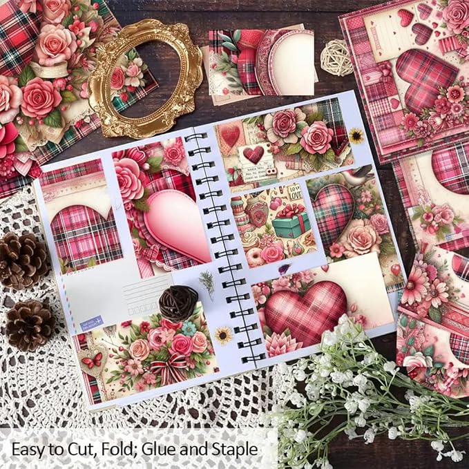 Vintage Valentine Scrapbook Paper Pad ,6"×6” Single-Sided Scrapbooking Decoupage Cardstock Origami Decorative Craft Paper Supplies for DIY Crafts, Card Making, Art Journaling, 24 Sheets 12 Designs