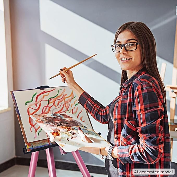 RRFTOK Pink 17-66 Inch Adjustable Art Easel Stand for Painting and Sign | Portable aluminum tripod easel for painting, sign, canvas holder, floor and display use