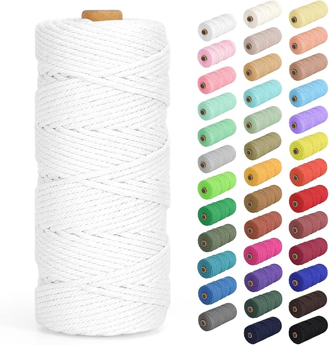 Macrame Cord 3mm x 109Yards (328Feet), Natural Cotton Macrame Rope - 4 Strands Twisted Macrame Cotton Cord for Wall Hanging, Plant Hangers, Crafts, Gift Wrapping and Wedding Decorations, White