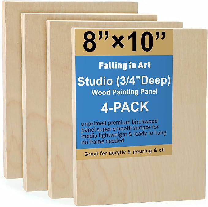 Falling in Art 4 Pack 8x10’’ Unfinished Birch Wood Panels Kit for Painting | Studio 3/4’’ Deep Wooden Canvas, Cradle Boards for Acrylic Pouring, Art, Crafts, Epoxy Resin, Laser Engraving Cutting