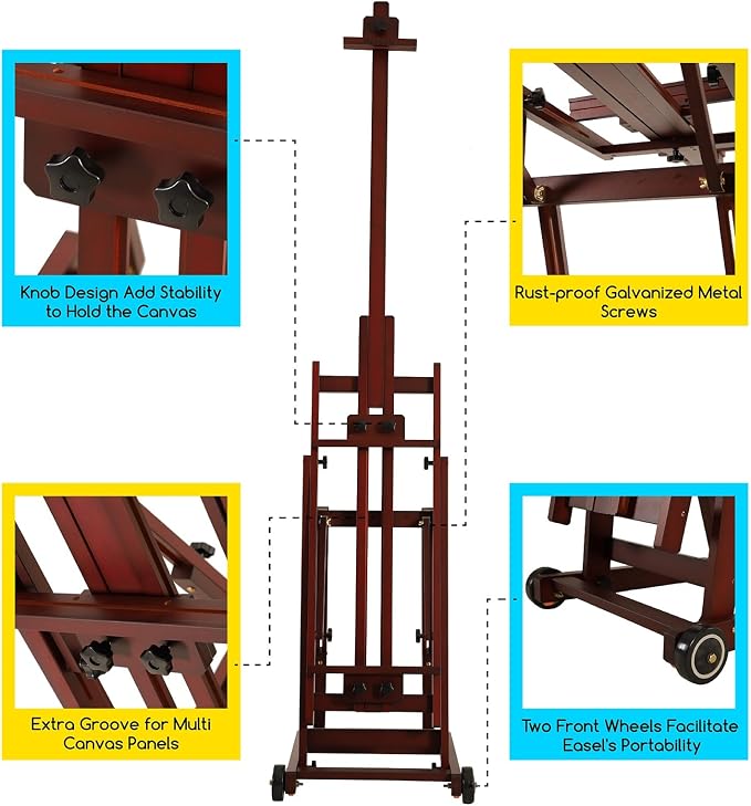MEEDEN Multi-Function Art Studio Easel: Holds Canvas up to 77" for Artist | Solid Beech Wood Easel with Wheels, Movable and Tilting Flat Adjustable H-Frame Floor Easel for Adults Painting, Deep Walnut
