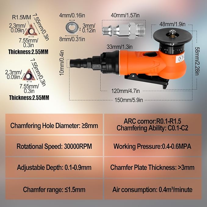 2 in 1 Mini Pneumatic Chamfering Machine, 45° Arc Corner Beveling Trimming Deburring Machine 30000RPM Handheld Chamfering Air Chamfer Tool with 1/4 Inch Air Inlet (C&R Angle Blades,Orange)
