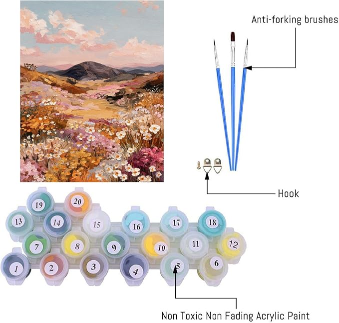 pchmcu Landscape Paint by Numbers Kit for Adults Beginner, Flower Mountain Adult Paint by Number Kits on Canvas,Oil Painting Kit for Beginners Gift Home Wall Decor 16x20 Inch