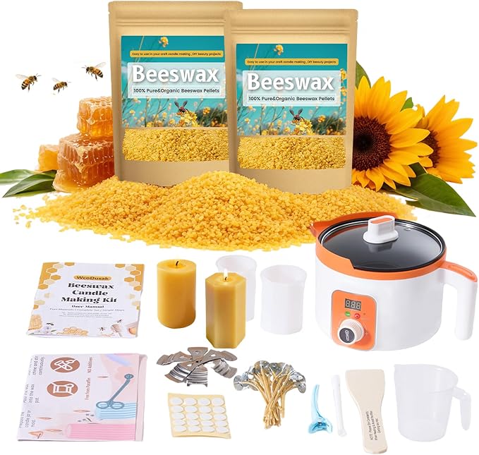 Beeswax Candle Making Kit, 2LB Organic Beeswax Pellets with Wax Melter