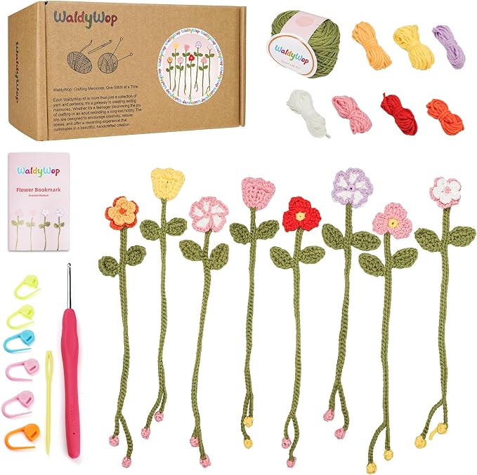 WaldyWop Crochet Kit for Beginners: 8 Flower Bookmarks Knitting Kit w/Video