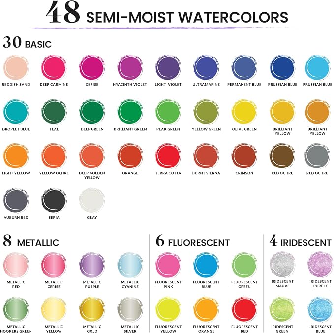 Chalkola 48 Semi Moist Water Colors Paint Adult Set - Professional XL Pans | Watercolor Paint Set with Painting Brushes, Water Color Pad & Art Supplies - Suitable for Adults, Kids, Beginner & Artists