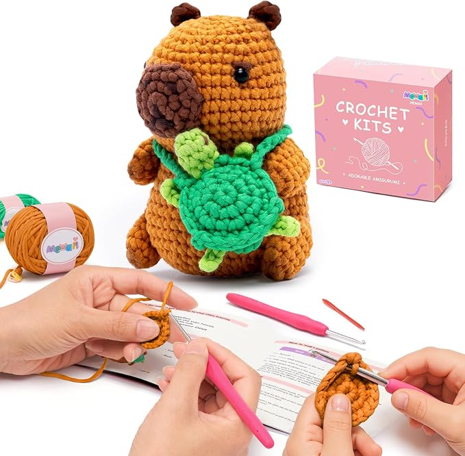 Mewaii Capybara Crochet Kit for Beginners, 40% Extra Yarn | Video Tutorial, Pre-Started Piece, Gift Box, Level 1 Starter Kit, Family Craft for Adults, Kids & Beginners