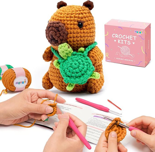 Mewaii Capybara Crochet Kit for Beginners, 40% Extra Yarn | Video Tutorial, Pre-Started Piece, Gift Box, Level 1 Starter Kit, Family Craft for Adults, Kids & Beginners