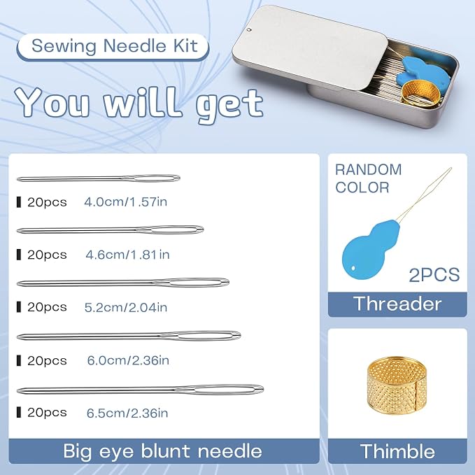 TLKKUE 100Pcs Steel Large-Eye Blunt Needles, Tapestry Needle 5 Sizes | Needle Threader Thimble, Yarn Needles for Sewing Knitting Crafting Weaving Crochet Tapestry (Silver, 5 sizes/100pcs)