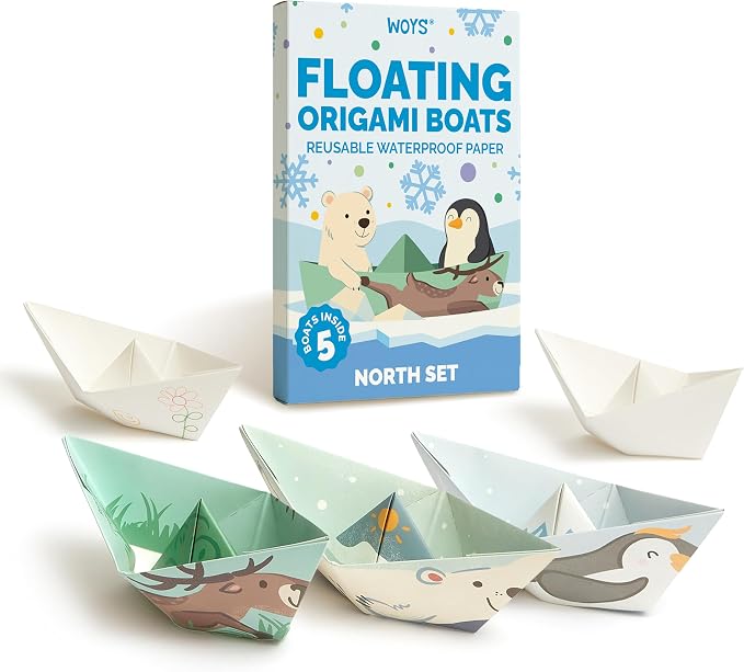 WOYS Floating Origami Boats | North Set | Waterproof Premium Reusable Paper | Screen-Free DIY Arts & Crafts Activity & Gift | 5 Sheets | Bath, Pool & Indoor Play