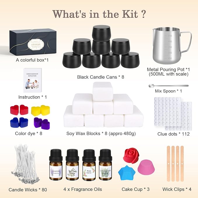 Candle Making Kit for Adults - DIY Scented Candles Making Supplies with Soy Wax,Wax Melter, Essential Oils, Color Dyes, Wicks Sticker, Candle Tins - Full Candle Making Set - Perfect Home Decoration | Soy Wax,Wax Melter, Essential Oils, Color Dyes, Wick...