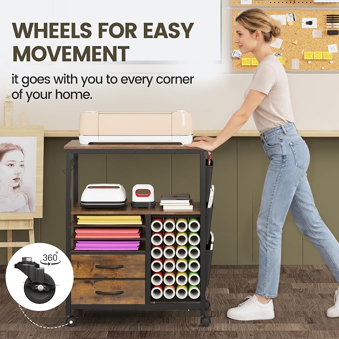Craft Organizer and Storage Cart Compatible with Cricut Machine Stand Rolling Craft Cabinet Table with Drawers Shelf Vinyl Roll Holders Accessories Holder Tool Hooks for Craft Workstation Room-Brown