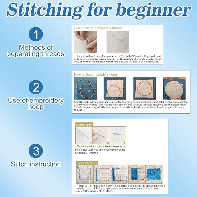 Mindsoft 3 Set Needlepoint Kit for Beginners with Hoop,Loon | Bamboo Hoop Thread Needles Instructions, Easy Hand Embroidery for Beginners Home Crafts,Pre-stamped Funny Cute Designs