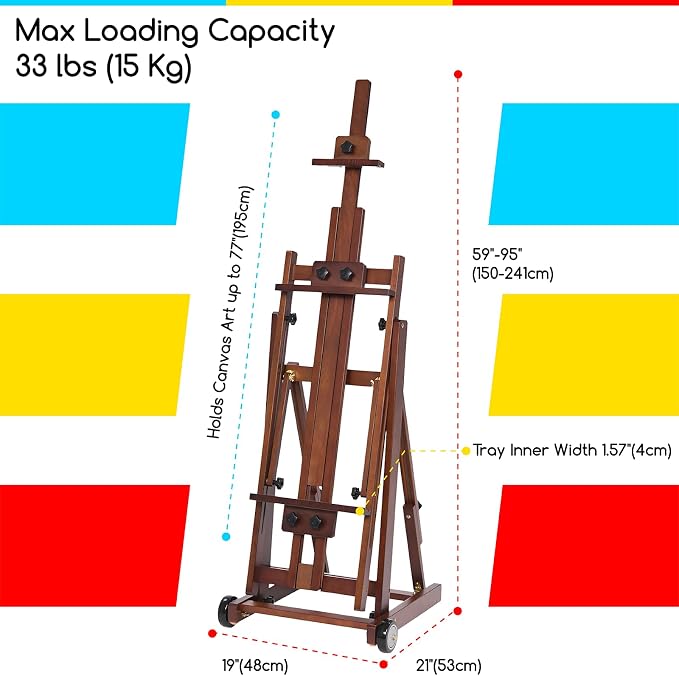 MEEDEN Studio H-Frame Easel -Adjustable Beech Wood Studio Art Easel, Painting Floor Easel Stand, Movable and Tilting Flat Available, Holds Canvas Art up to 77",Classic Walnut