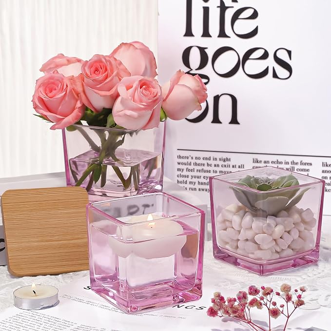 CONNOO 12 Pack 9oz Pink Glass Square Candle Jars with Bamboo Lids