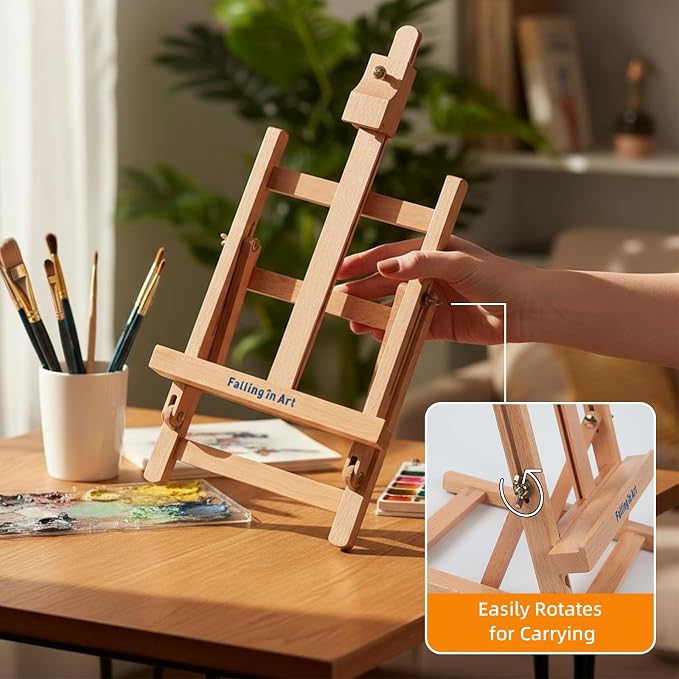 Falling in Art Kids Tabletop Easel Set, Portable Art Easel Painting Kits | 52 Pcs Wooden Easel for Painting Canvases, Including 12 Colors Acrylic Paints, 10 Paintbrushes and 4 Canvas Panels, Yellow