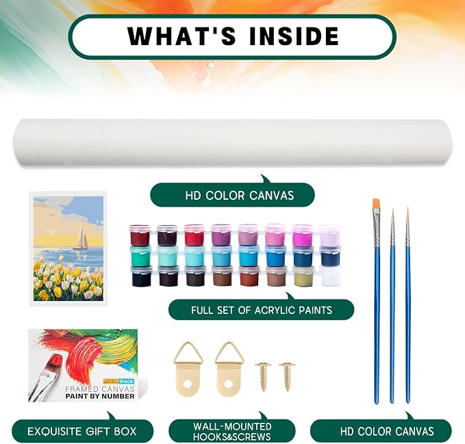 Framed Paint by Numbers Kit for Adults Beginner & Kids Age 8-12, Easy Flowers Adult Paint by Number Kits on Canvas, DIY Acrylic Watercolor Oil Paint by Number for Adults Landscape for Gift 8x12 Inch