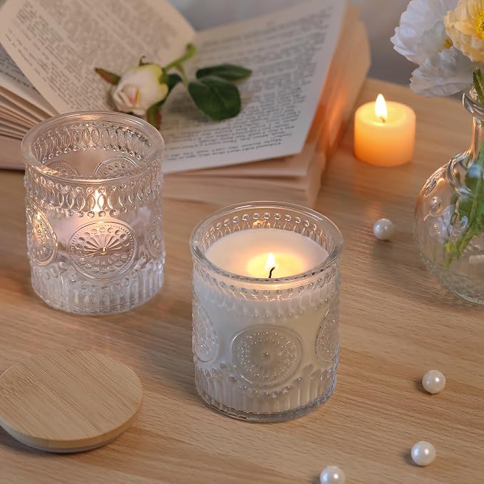 DARJEN 10 Pcs 8oz Glass Candle Jars with Lids, Candle Tins-Clear | Premium Thick Glass, Secure Wooden Lids- Candle Jars for DIY Candle Making, Stunning Sunflower Design