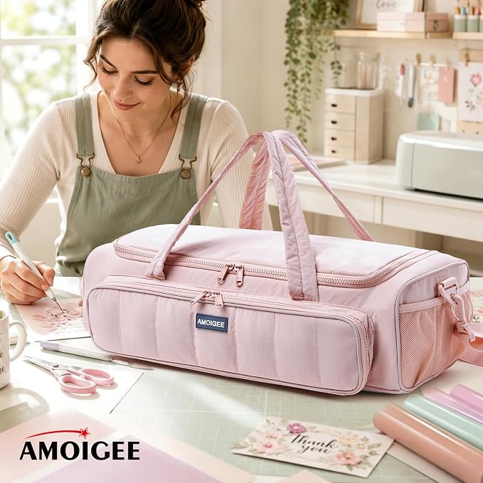 AMOIGEE Puff Carrying Case for Cricut Explore 5, Quilted Storage Bag for Die-Cutting Machine, Travel Craft Tote with Pockets for Vinyl, Tools, Mats and Cricut Accessories and Suppliers