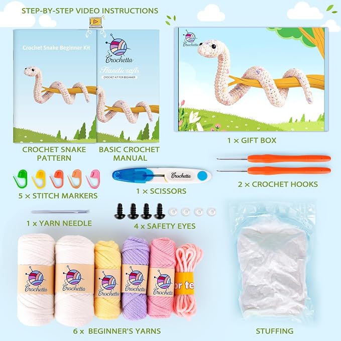 Crochet Kit for Beginners, Beginner Crochet Kit for Teenagers Adults with Step-by-Step Video Tutorials, DIY Crochet Animal Kits Knitting Supplies, Snake (40%+ Yarn)