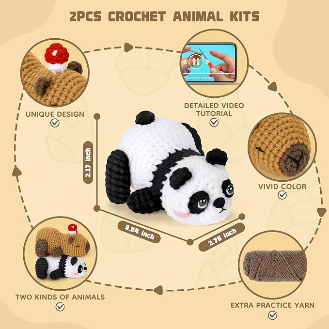 Crochet Kit for Beginners, Panda & Capybara Crochet Animal Kits