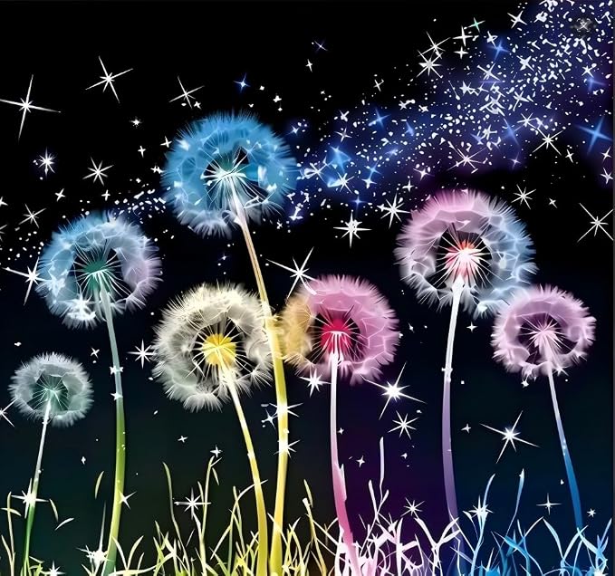 YIYITUPO DIY Art Craft Diamond Painting Kit, 5D Diamond Painting Kits for Beginners Colorful Glowing Dandelion Diamond Painting Kit, Night Sky Fantasy Floral Theme 14x14 inch