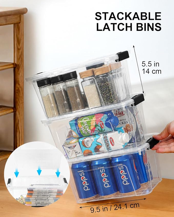 EOENVIVS Plastic Storage Bins with Lids 6 Pack, 7 Quart Storage Containers With Black Buckle Latch, Stackable Storage Organizers for Home Pantry Office Classroom Organization, Clear