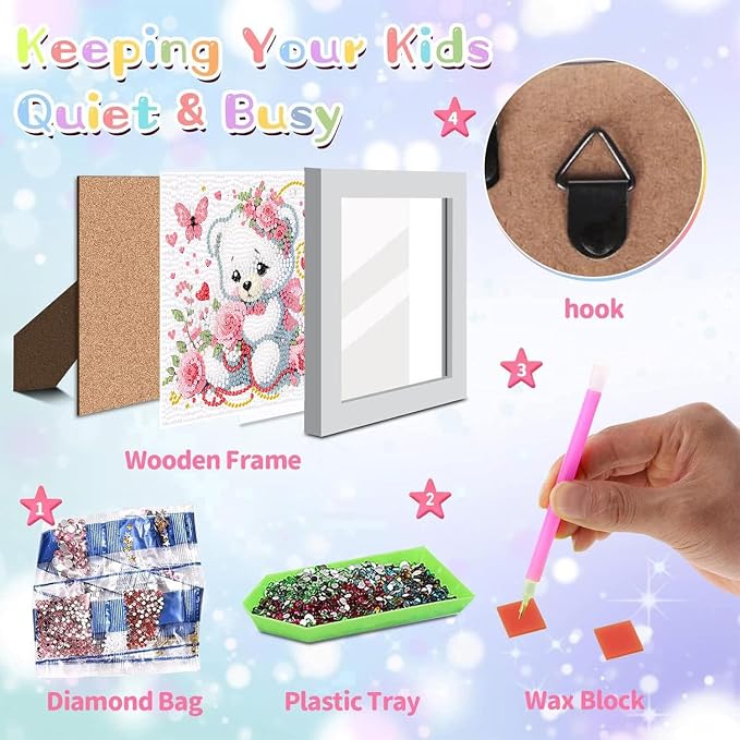 ajepon Bear Diamond Art Kits for Kids with Frame, Animal Diamond Art for Kids Ages 8-12, Cartoon Bear Diamond Painting Kits for Kid with Beautiful Package for Gift Home Wall Decor(7x7inch)