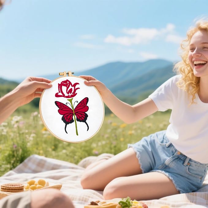 Butterfly Rose Embroidery Kits for Beginners Adults, Valentine's Day Hand Embroidery Kits, Cross Stitch Kits for Adult Anniversary Valentine's Gifts, Entire Set of Embroidery Supplies & Video Tutorial