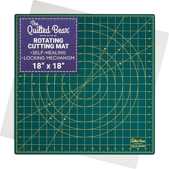 The Quilted Bear Rotating Cutting Mat 18" x 18" - Square 360° Rotating Self Healing Mat with Innovative Locking Mechanism for Quilting & Sewing Your Choice of Colours Available! (Green)