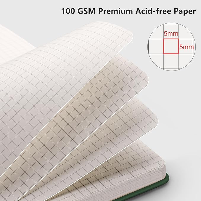 RETTACY Graph Grid Paper Notebook, 192 Pages, A5 Size (5.7'' x 8.3'') | 5 Squares per Inch, Leather Hardcover, 100 GSM Thick Paper, for School, Students, Math, Engineering (Dark green)