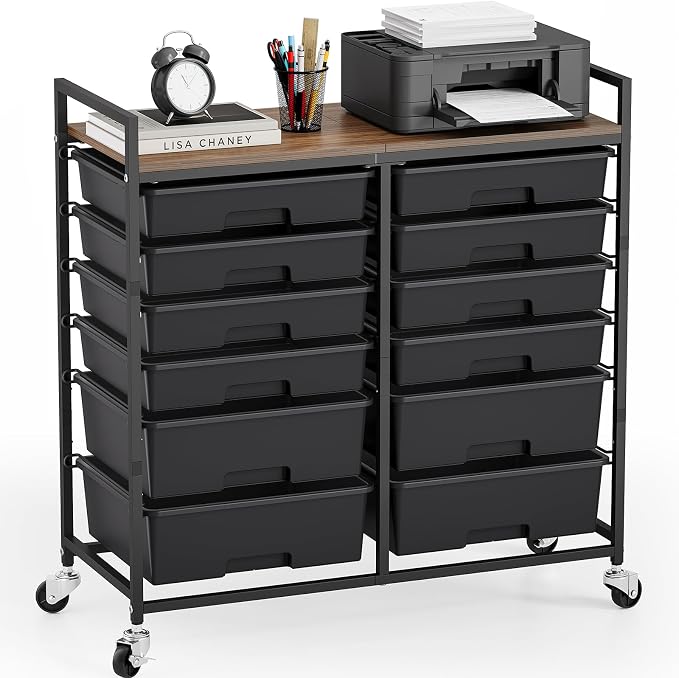 TOOLF 12 Drawers Rolling Storage Cart with Wooden Top for Classroom, Black | Teacher Cart Craft Art Supply Organizer, Utility Cart with Lockable Wheels for Home Household Essentials, Office Organization