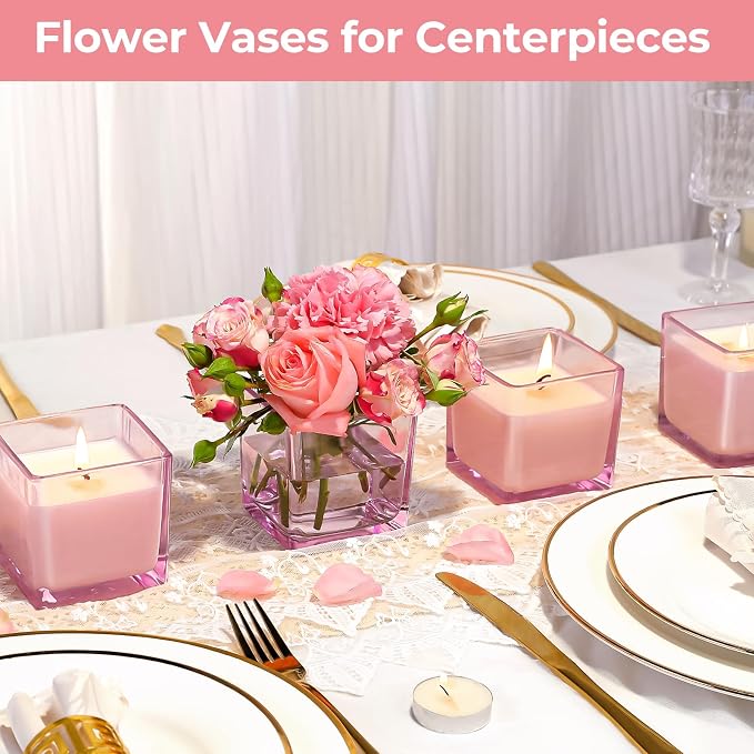 CONNOO 12 Pack 9oz Pink Glass Square Candle Jars with Bamboo Lids