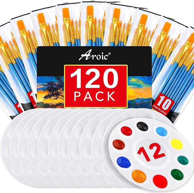 AROIC Paint Brush Palette Set, 12 Packs of 120 Brushes and 12 Tray Palettes