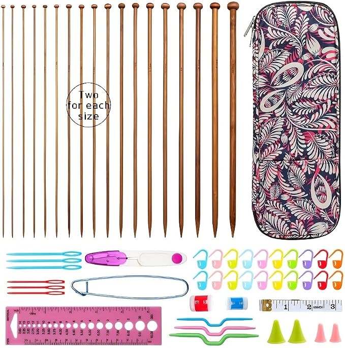 LOOEN Bamboo Knitting Needles Kit 36 Pcs Single Pointed Bamboo Knitting Needles 2.0 mm-10.0 mm + Weaving Tools Knitting Kits (Grey)
