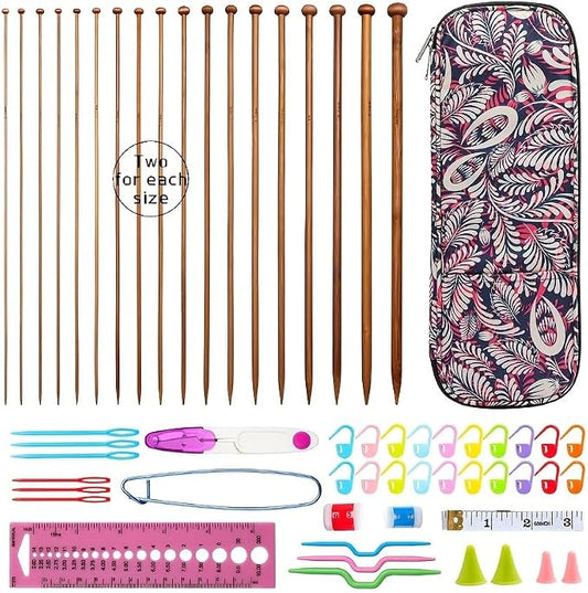 LOOEN Bamboo Knitting Needles Kit 36 Pcs Single Pointed Bamboo Knitting Needles 2.0 mm-10.0 mm + Weaving Tools Knitting Kits (Grey)