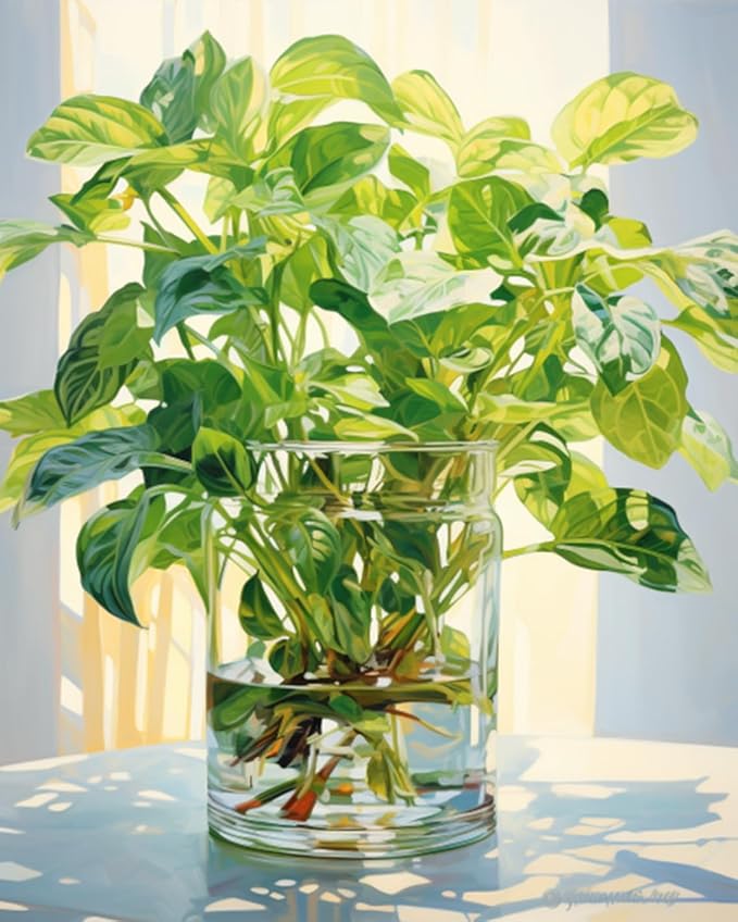 Tucocoo Green Plants in Glass Vase Oil Painting Paint by Number Kits 16 x 20 inch Canvas Plants DIY Oil Painting for Kids Students Adults Beginner with Brushes and Acrylic Pigment (Without Frame)