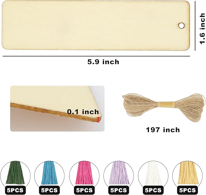 SWATOM Wood Bookmarks Blank DIY Wooden Bookmark Craft Bulk 30 PCS Unfinished Wood Tags Rectangle Shape Ornaments with Holes and Tassels for Wedding Party Birthday Decoration