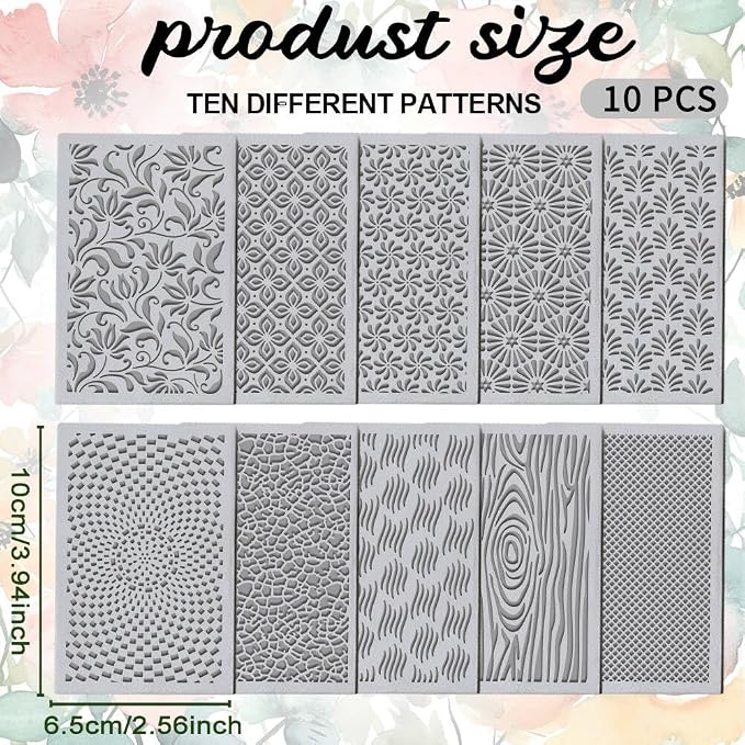 10PCS Polymer Clay Texture Sheets Boho Flower & Nature Texture Mixed Mat for Using with Clay Cutters Pottery Earrings Jewelry DIY Making