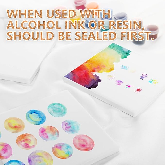 Ceramic Tiles for Crafts Coasters - 12Pcs Blank Unglazed White Tiles for Painting, Alcohol Ink, Acrylic Pouring - Make Your Own Coaster - Cork Backing Pads Included (4x4 Inch)