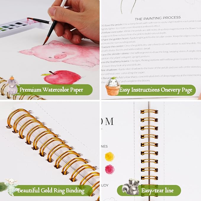 Watercolor Workbook for Beginners,18 Whimsical Farm Animal Water Coloring Book,Relaxing & Easy to Paint Water Coloring Book with 24 Colors-Perfect for Gifting to Creativity & Joy for Adults