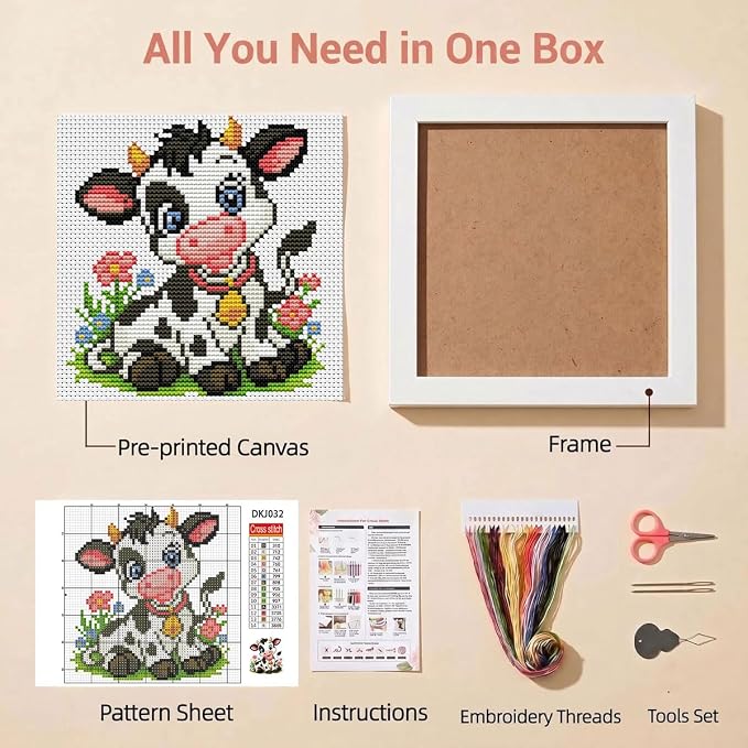 WUSARPLY Cow Stamped Cross Stitch Kits for Beginners Adults with Framed | Flowers and Grasses Needlepoint Counted Cross Stitch Kits for Beginners Adults Embroidery Kits Arts and Crafts 6 x 6 inch