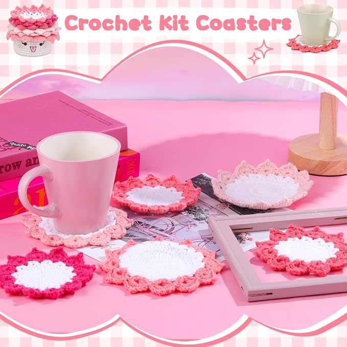 Hssugi Crochet Kit for Beginners, 6PCS Potted Plant Coasters Crochet Kit | Coasters Crochet Kit with Step-by-Step Video Tutorials, Crochet Hooks, Learn to Crochet Kits for Adult Beginners