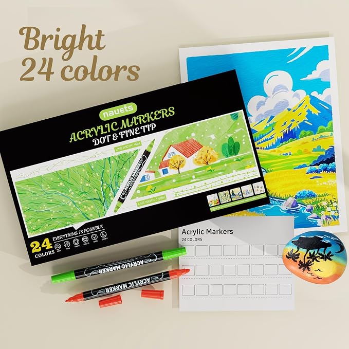 nauets 24 Colors Precision Dual Tip Acrylic Paint Markers Pens - Dot & Fine | Works on Rock, Wood, Fabric, Canvas, Glass, Scrapbook, Paper, Ceramic, Egg, DIY Craft Art Gift - Classroom & School Supplies